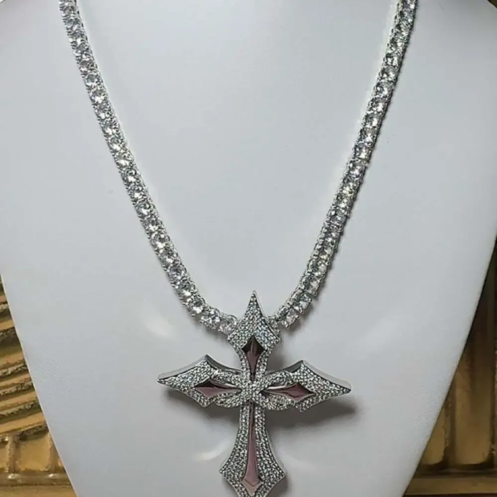 Silver Cross Tennis Necklace 2 D 1 E